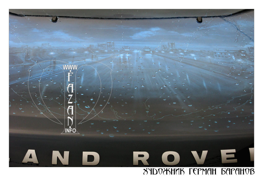 Аэрография на синем автомобиле Land Rover Discovery 4. Капли дождя. Фото 23.