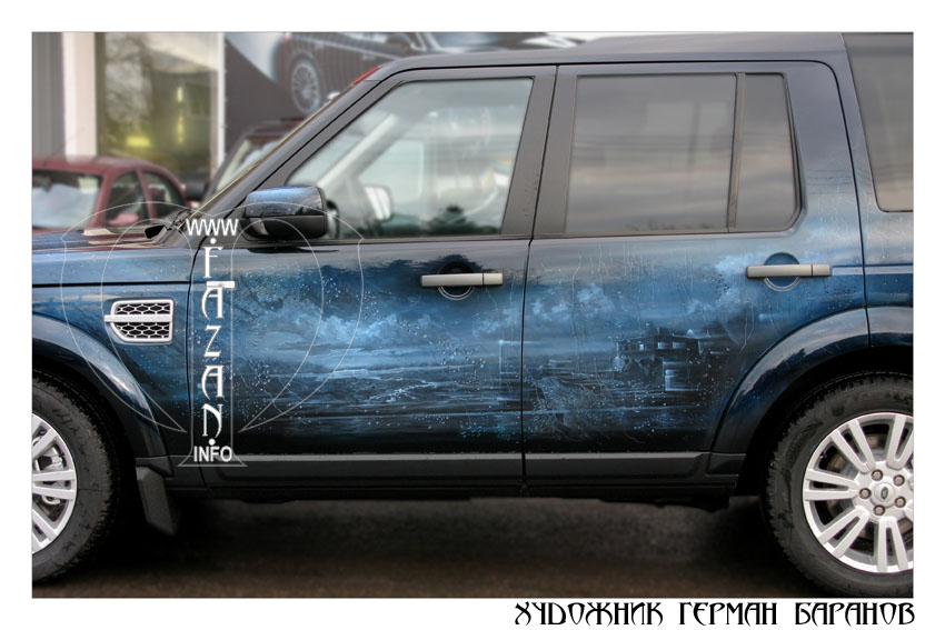 Аэрография на синем автомобиле Land Rover Discovery 4. Капли дождя. Фото 06.