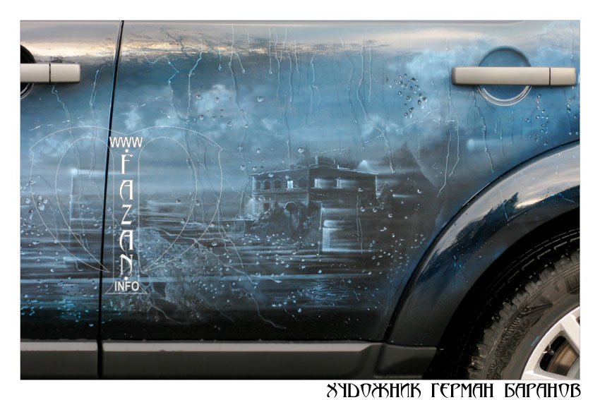 Аэрография на синем автомобиле Land Rover Discovery 4. Капли дождя. Фото 09.