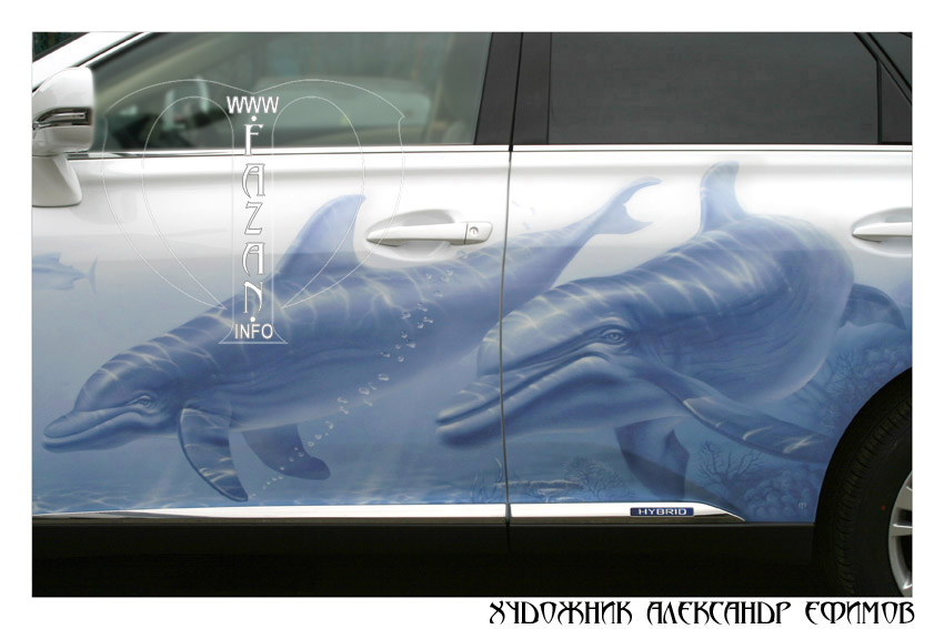 Аэрография на автомобиле Lexus RX 450. Подводный мир и дельфины. Фото 05.