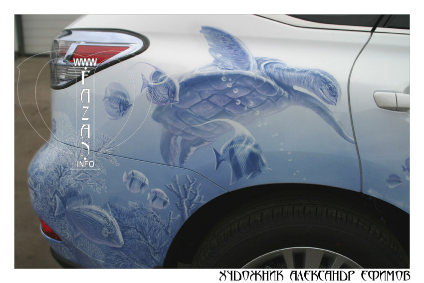 Аэрография на автомобиле Lexus RX 450. Подводный мир и дельфины. Фото 23.