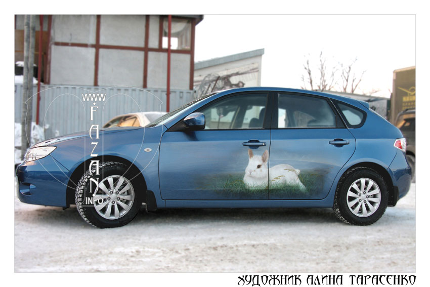 Аэрография на голубой машине Subaru Impreza, фото 01.
