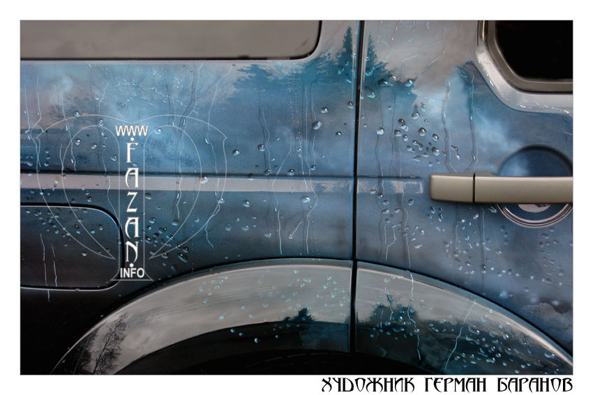 Аэрография на синем автомобиле Land Rover Discovery 4. Капли дождя. Фото 15.