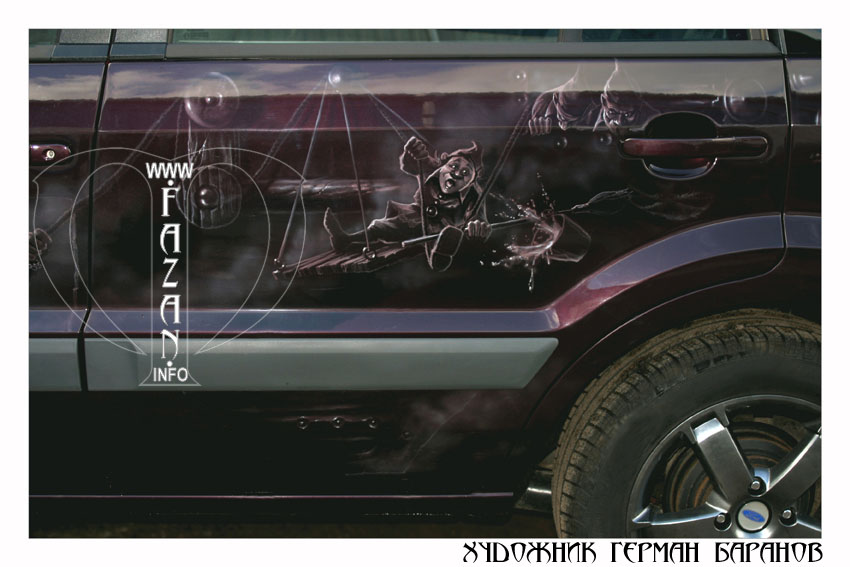 Аэрография гномов на фиолетовом автомобиле Ford Fusion. Фото 10.